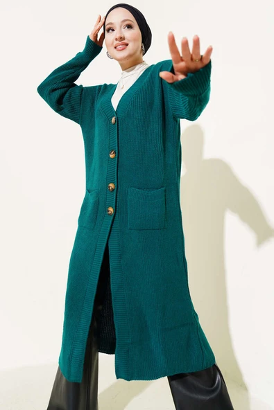 Düğmeli Cepli Uzun Triko Hırka Zümrüt ürün görseli