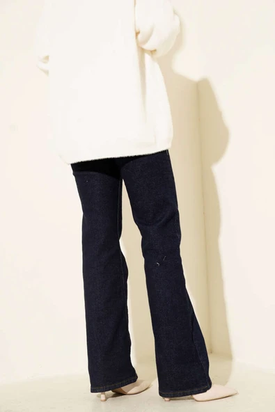Kemerli İspanyol Paça Kot Pantolon Lacivert - Resim 3