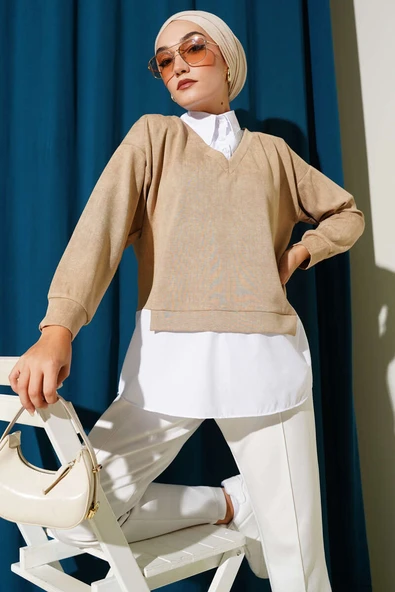 Gömlek Yakalı Granili Tunik Bej ürün görseli 1