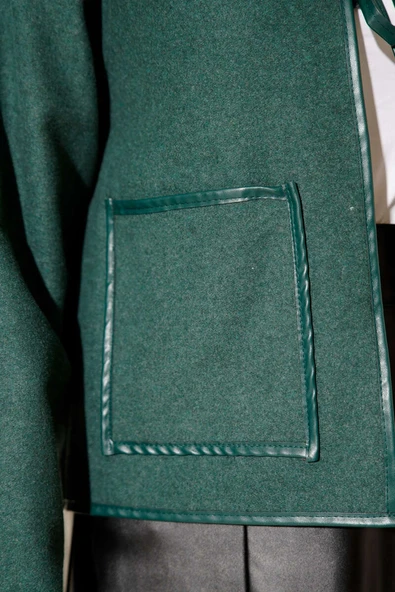 Deri Biyeli Kaşe Kısa Ceket Zümrüt - 4