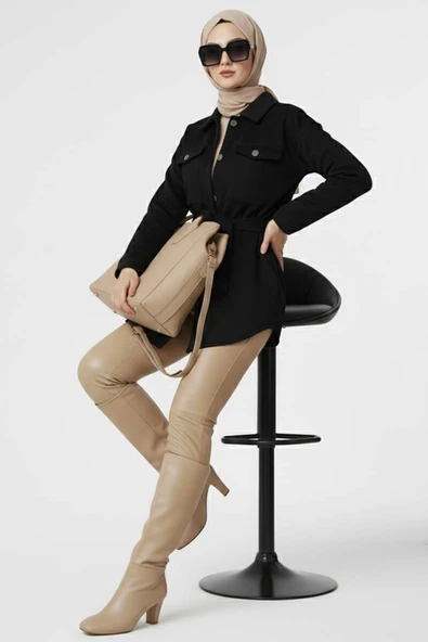 Kuşaklı Düğmeli Kaşe Ceket Siyah