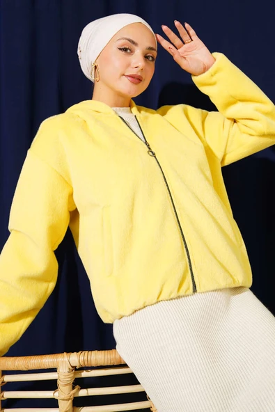 Kapüşonlu Kısa Kaşe Ceket Sarı