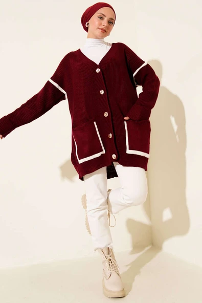 Cepli Gold Düğmeli Triko Hırka Bordo - Resim 2