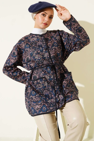 Retro Desen Kapitone Ceket Lacivert ürün görseli 1