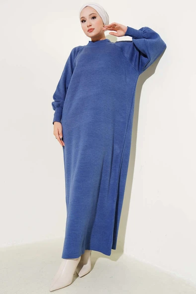 Balon Kol Triko Elbise İndigo - Resim 2