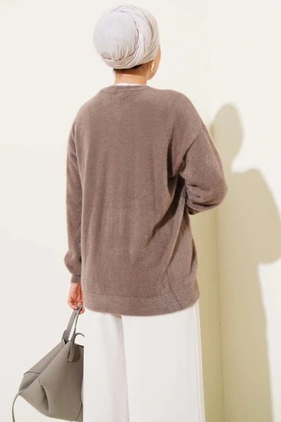 Basic Bisiklet Yaka Sakallı Kazak Vizon - Resim 3