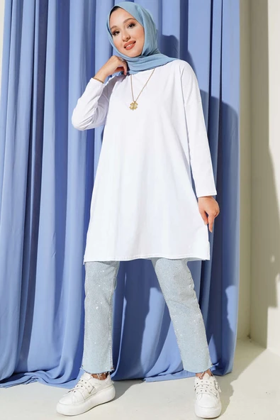 Yan Yırtmaçlı Basic Tunik Beyaz - Resim 2
