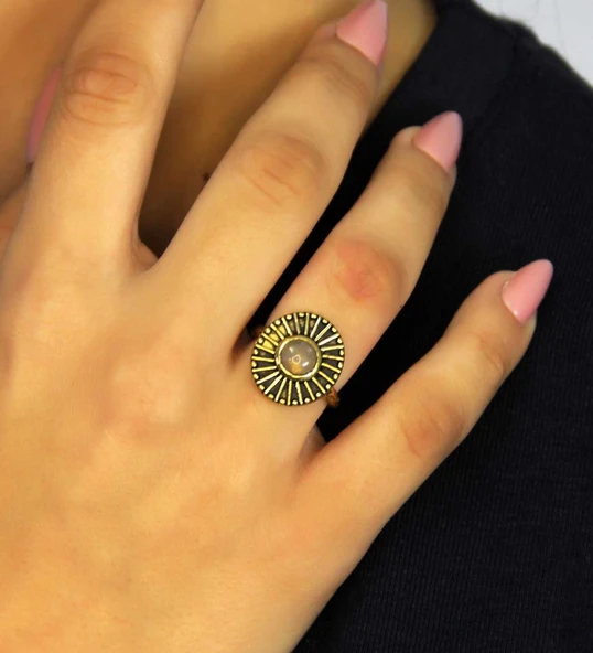 Doğal Taş Pembe Kuvars Yuvarlak Doğal Taşlı Antik Model Kadın Ayarlanabillir Yüzük euy70pk ürün görseli