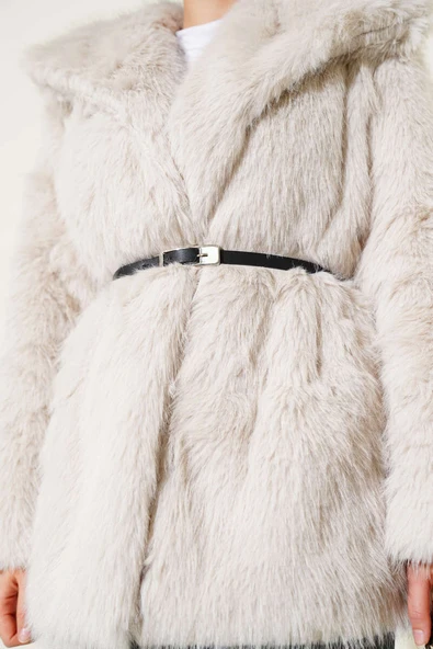 Madonna Yaka Kemerli Kürk Mont Bej - Resim 4