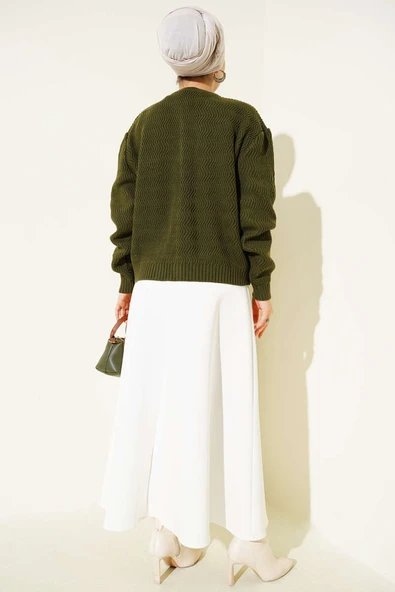 Zikzak Desenli Gold Düğmeli Triko Hırka Haki - Resim 3