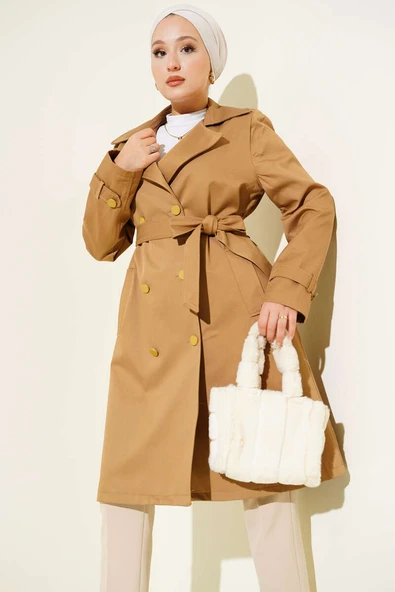 Tek Omuz Apoletli Kruvaze Trençkot Camel - Resim 2