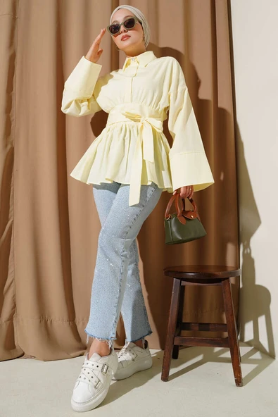 Gizli Düğmeli Bel Kuşaklı Gömlek Sarı ürün görseli 1