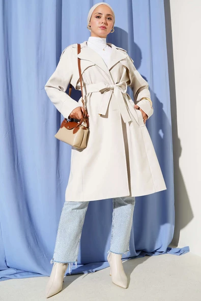 Omuz Apoletli Düğme Detaylı Trençkot Taş - Resim 2