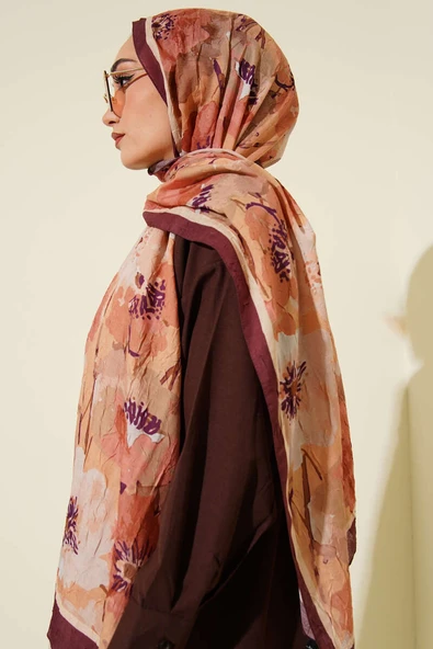 Çiçek Desenli Soft Bambu Kraş Şal Kahve - Resim 3