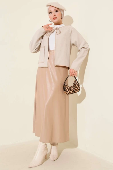 Deri Biyeli Kaşe Kısa Ceket Bej - 2