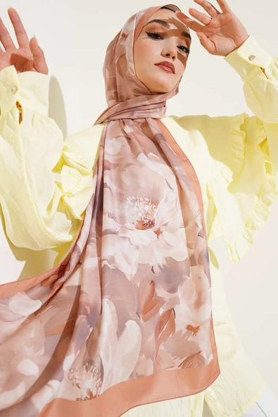 Çiçek Desen Twill Şal Latte - Resim 2