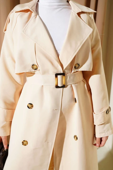 Kruvaze Pelerinli Kuşaklı Trençkot Bej - Resim 4