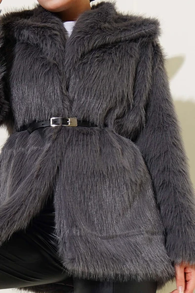 Madonna Yaka Kemerli Kürk Mont Füme - Resim 4