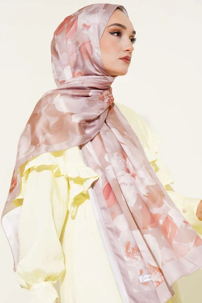 Çiçek Desen Twill Şal Vizon - Resim 2