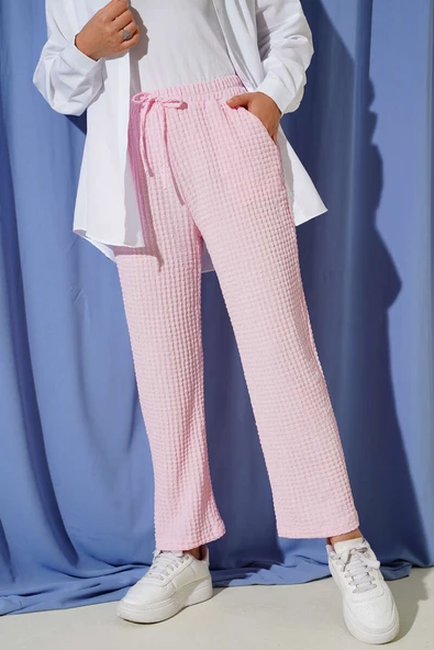 Beli Lastikli Gofre Pantolon Pembe ürün görseli 1