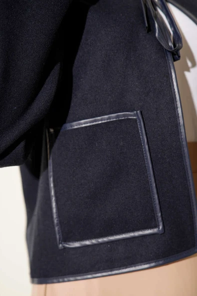 Deri Biyeli Kaşe Kısa Ceket Lacivert - 4