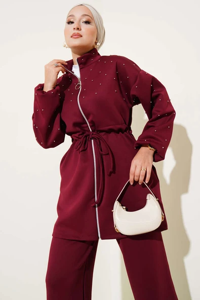 Bel Tünelli Boncuklu Scuba İkili Takım Bordo - Resim 2