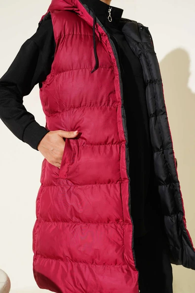 Çift Taraflı Fermuarlı Şişme Yelek Siyah Bordo - Resim 4