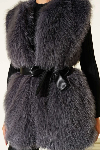 Lolita Peluş Kuşaklı Yelek Füme - Resim 4