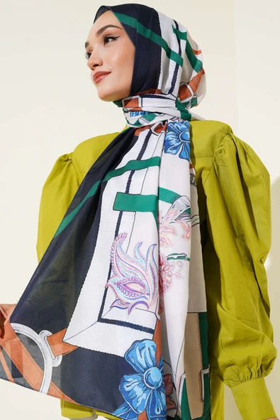 Kemer Desenli Soft Şal Lacivert Bej - Resim 2