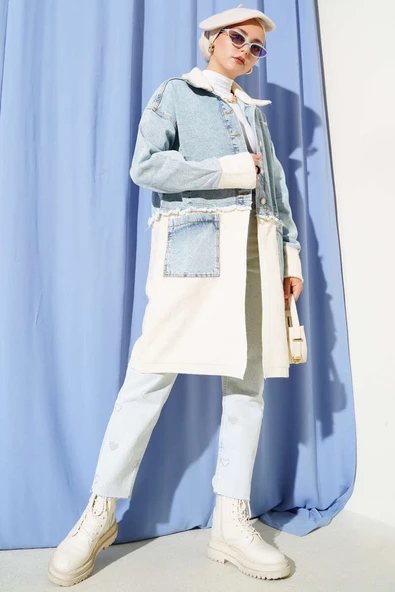 Gömlek Yakalı Uzun Kot Ceket  Açık Mavi - Resim 2