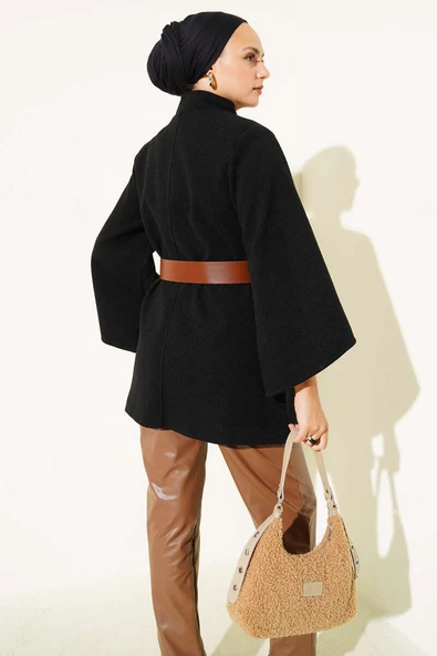 Gold Düğmeli Kaşe Panço Siyah - Resim 3