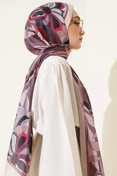 Çiçek Çizgili Soft Şal Kahve - Resim 3