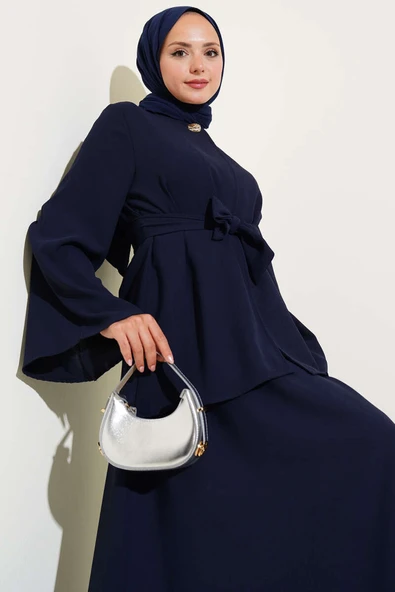 Tek Düğmeli Kuşaklı Dabıl İkili Takım Lacivert - Resim 2