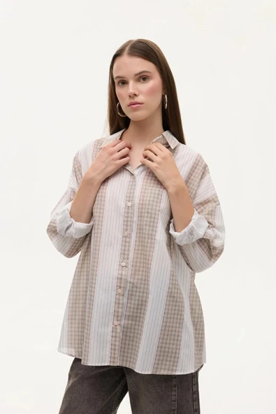 Quzu Matchli Oversize Kadın Gömlek 26KGML01003 ürün görseli