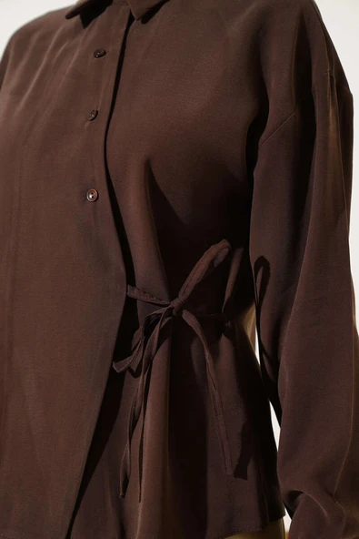 Yandan Bağcıklı Tensel Kısa Gömlek Kahve - Resim 4