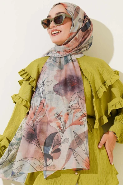 Lilyum Desen Ebruli Şal Latte - Resim 2