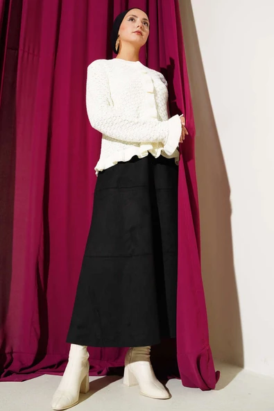 Fırfırlı Düğmeli Kısa Triko Hırka Ekru - Resim 2