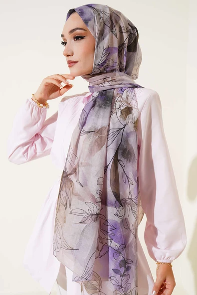 Lilyum Desen Ebruli Şal Lila - Resim 2