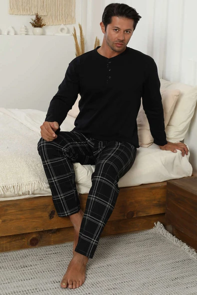 Ekose Desen İnterlok Erkek Pijama Takımı Siyah - Resim 2