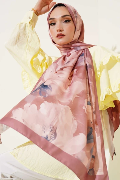 Çiçek Desen Twill Şal Soft Kahve - Resim 2