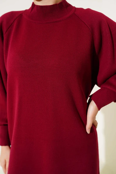 Balon Kol Triko Elbise Bordo - Resim 4