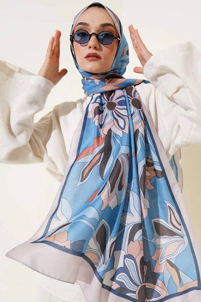 Çiçek Çizgili Soft Şal Mavi ürün görseli 1