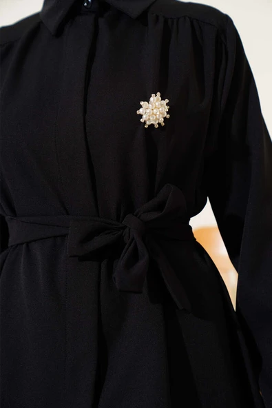 Gizli Düğmeli Kuşaklı Dabıl İkili Takım Siyah - Resim 4