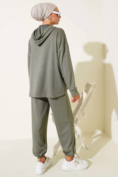 Loyşa Kanguru Cepli Fermuarlı İkili Takım Haki - Resim 3