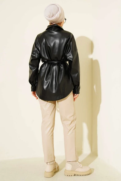 Gömlek Yaka İp Kuşaklı Deri Ceket Siyah - 3