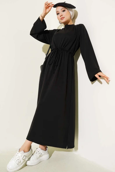 Loyşa Bel Tünel Detaylı Elbise Siyah