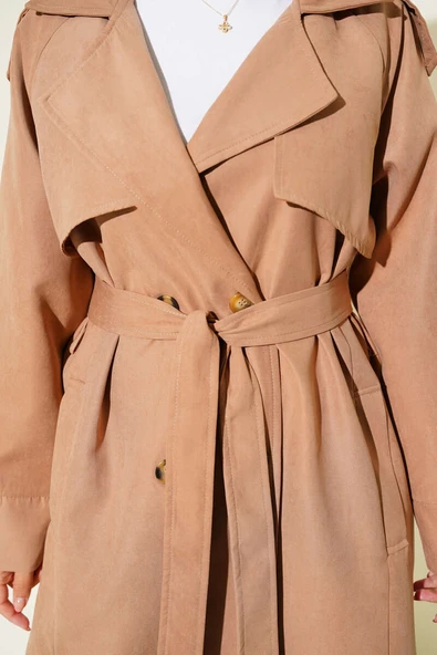 Omuz Apoletli Düğme Detaylı Trençkot Camel - Resim 4