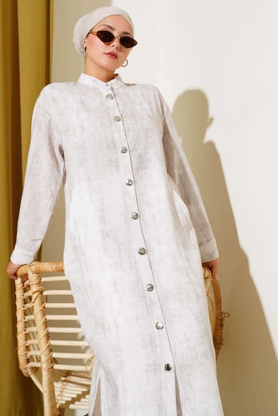 Metal Düğmeli Cepli Uzun Gömlek Taş - Resim 2