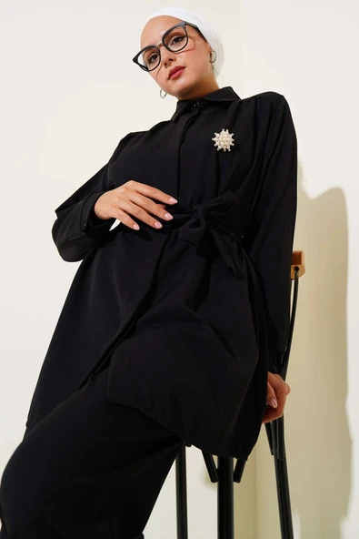 Gizli Düğmeli Kuşaklı Dabıl İkili Takım Siyah - Resim 2