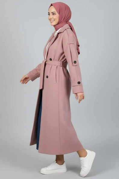 Kuşaklı Düğme Detaylı Kaşe Kaban Pudra - Resim 2